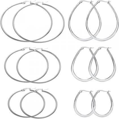 6 Pairs Stainless Steel Hoop Earrings Set For..