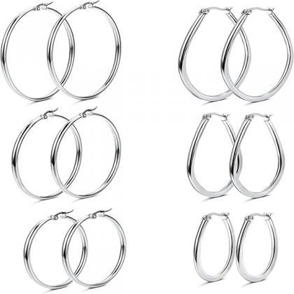 6 Pairs Stainless Steel Hoop Earrings Set For..