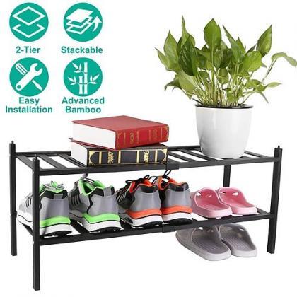 Bamboo Shoe Rack 2-tier Stackable Shoe Shelf