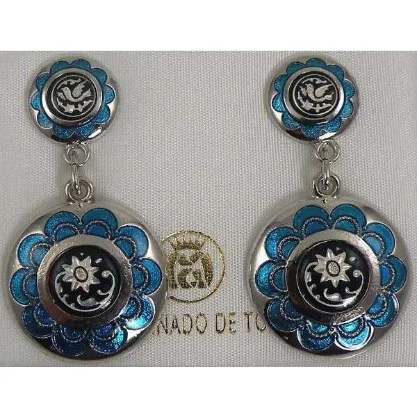 Damascene Silver And Blue Enamel Flower Round Stud Drop Earrings By Midas Of Toledo Spain