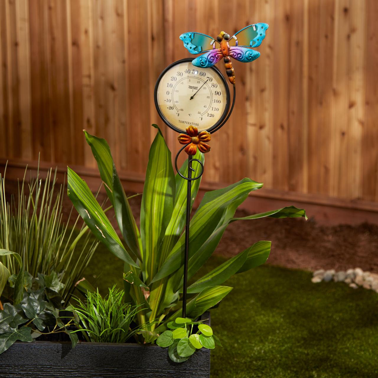 Metal Thermometer Garden Stake - Dragonfly