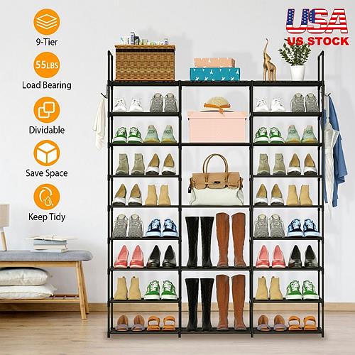 9 Tiers Shoe Rack Metal Shoe Storage Shelf Standing Large Shoe Stand 50-55 Pairs Shoe Tower Unit Tall Shoe Organizer With 2 Hooks For Entryway