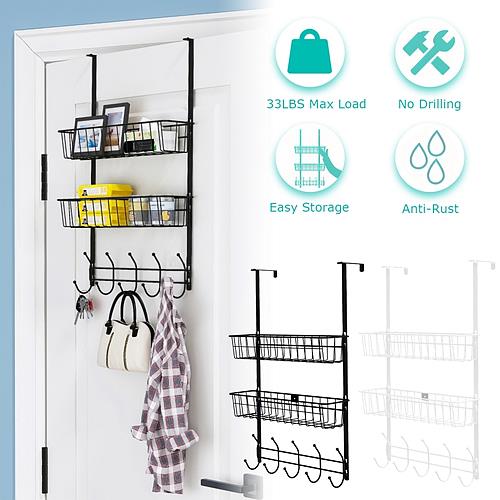 Over The Door Hooks Organizer Door Towel Rack Hanger 5 Hooks With 2 Metal Baskets For Bathroom Bedroom Kitchen Storage Shelf
