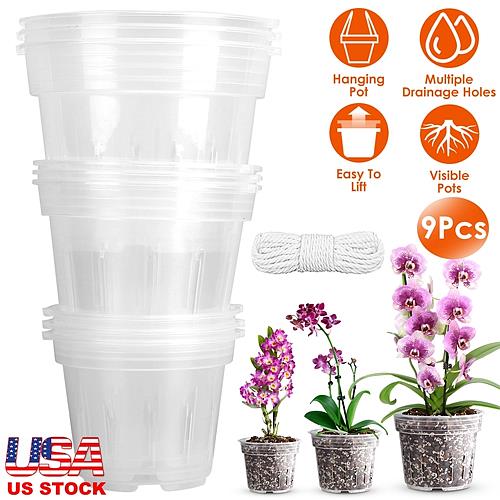 9pcs Orchid Pots Clear Reusable Plastic Flower Plant Nursery Planter Seed Starter Pots With Drainage Holes With 32.8ft Rope 4.72in/5.51in/6.29in