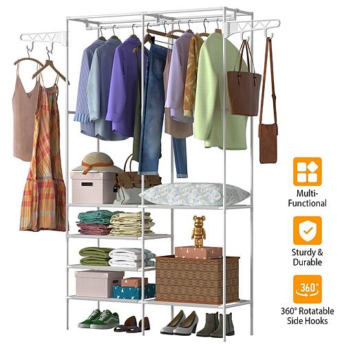 Metal Garment Rack Shoe Clothing Organizer Shelves Freestanding Multifunctional Clothes Wardrobe