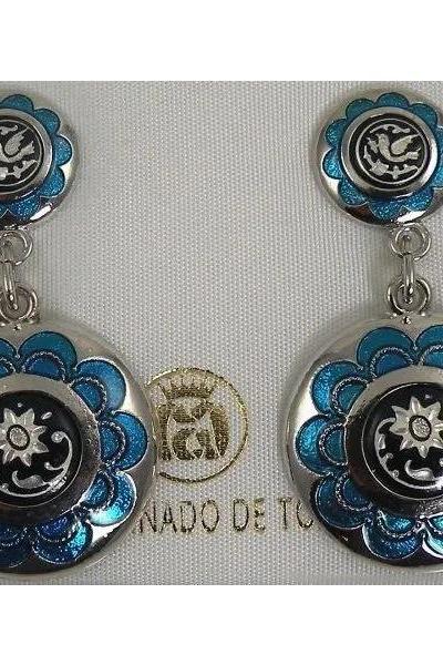 Damascene Silver and Blue Enamel Flower Round Stud Drop Earrings by Midas of Toledo Spain FREE SHIPPING