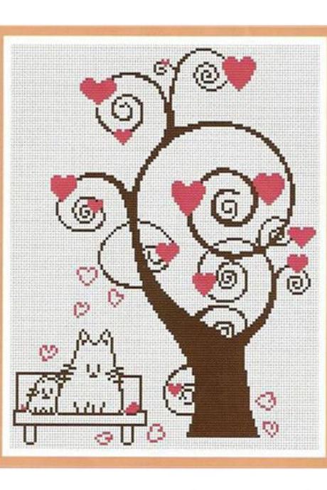 Cute Love Tree Diy Cross Stitch Stamped Kits Pre-printed 11ct Embroidery Kits Wall Decor, 10x13 Inch