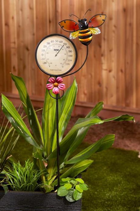 Metal Thermometer Garden Stake - Bee And Flower