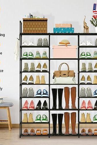 9 Tiers Shoe Rack Metal Shoe Storage Shelf Free Standing Large Shoe Stand 50-55 Pairs Shoe Tower Unit Tall Shoe Organizer with 2 Hooks for Entryway Cl