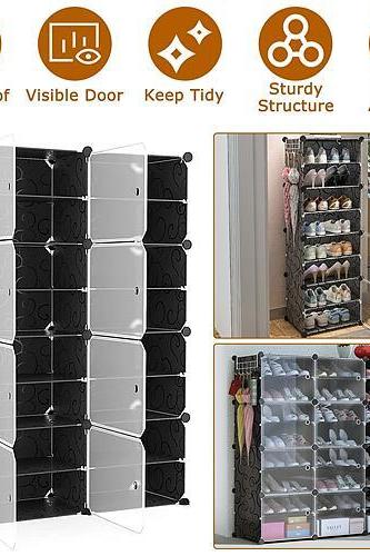 8-tier 2-row Shoe Rack Organizer Stackable Standing Shoe Storage Shelf Plastic Shoe Cabinet Tower With Transparent Doors For Heels Boots