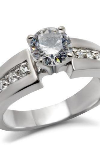 High Polished (no Plating) Stainless Steel Ring With Aaa Grade Cz In Clear