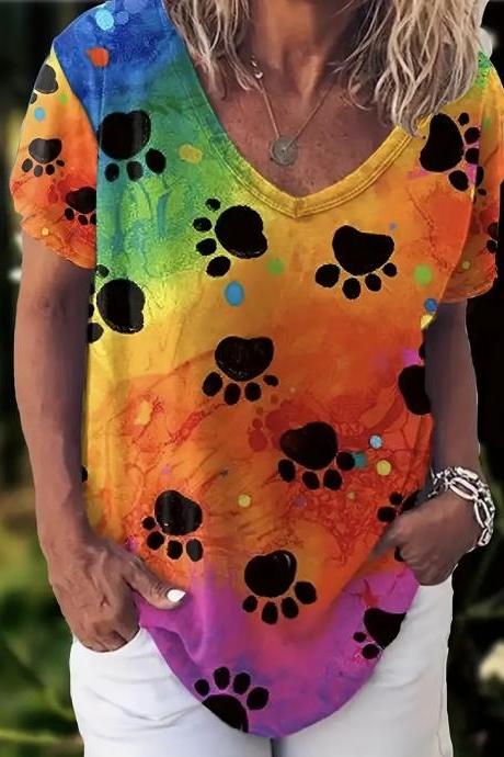 Women&amp;#039;s Plus Colorful Paw Print Short Sleeve V Neck T-shirt