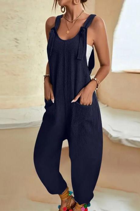 Spring-summer Sleeveless Jumpsuit - Chic Knot Front, Mid-elastic Pockets, Easy-care Polyester Blend