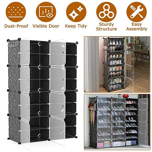  8-Tier 2-Row Shoe Rack Organizer Stackable Free Standing Shoe Storage Shelf Plastic Shoe Cabinet Tower with Transparent Doors for Heels Boots Slippers