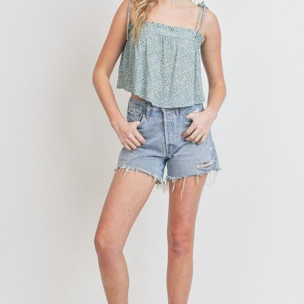 Floral print elastic opening tie strap crop top